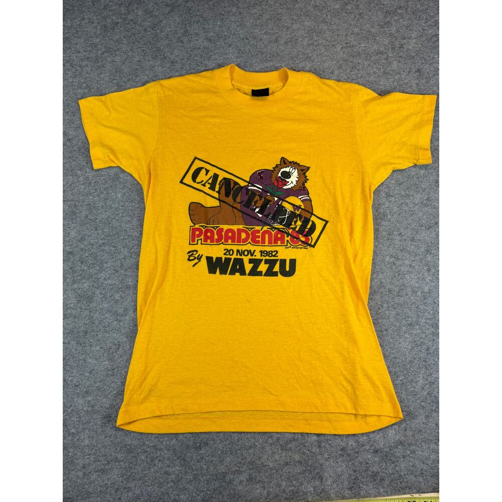 VINTAGE 80s Wazzu Pasadena Cancelled Shirt Womens Large Yellow Single Stitch Tee